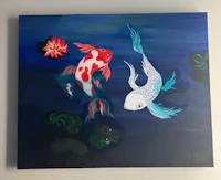 a painting of two koi fish in a pond