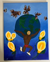 a painting of a man holding a globe and butterflies