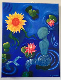 a painting of a mermaid with a sun and lilies