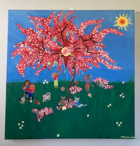 a painting of a cherry tree with children in it