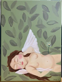 a painting of a nude woman laying on a green leaf