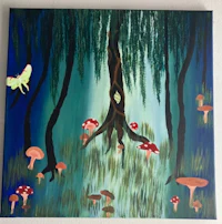 a painting of a willow tree with mushrooms and butterflies